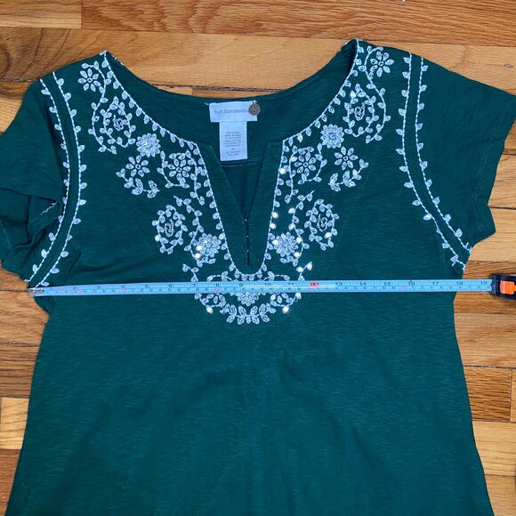 Soft Surroundings Boho Nightgown Maxi Dress Sequin Embroidered Green White Sz M - Picture 6 of 10